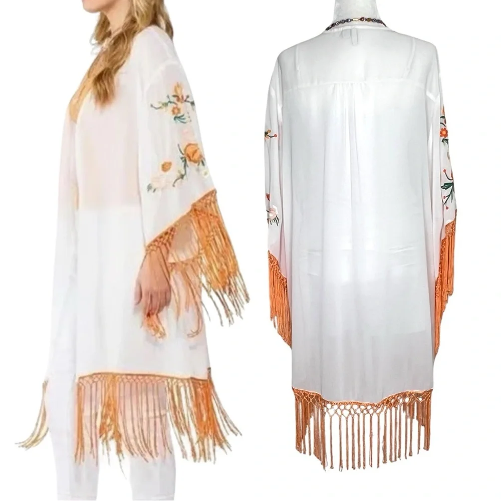 Fringe Kimono Floral Boho Festival Embroidered White Orange Flowers Medium Cato - Picture 16 of 17